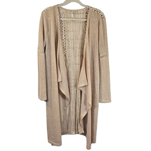 M Andree by Unit Oatmeal Cream Tan Open Front Long Cardigan Duster M Floral Lace - Picture 1 of 11